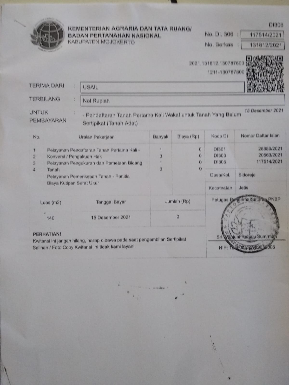 Contoh Pengurusan BPN, 0 Rupiah